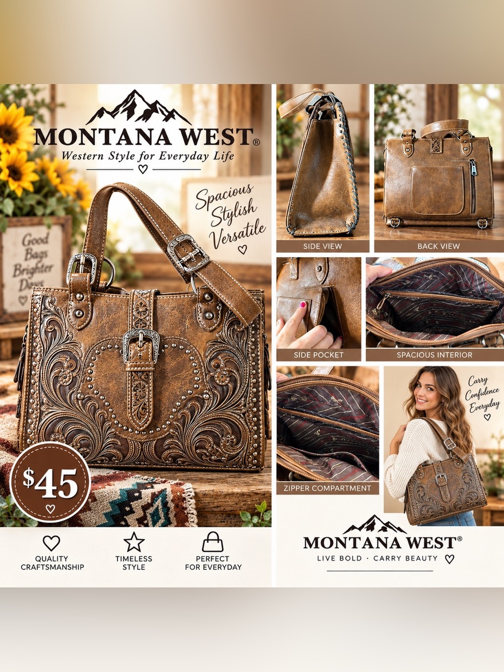 Montana West Brown Tooled Leather Shoulder Bag with Stud Accents